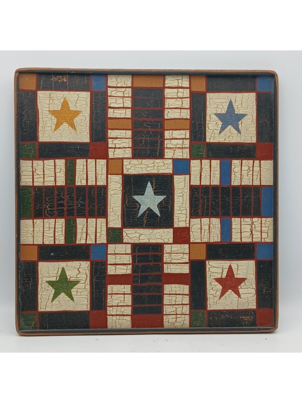 Checkered Past Folk Art Patriotic Game Board Parcheesi Stars Painted Wood 12x12